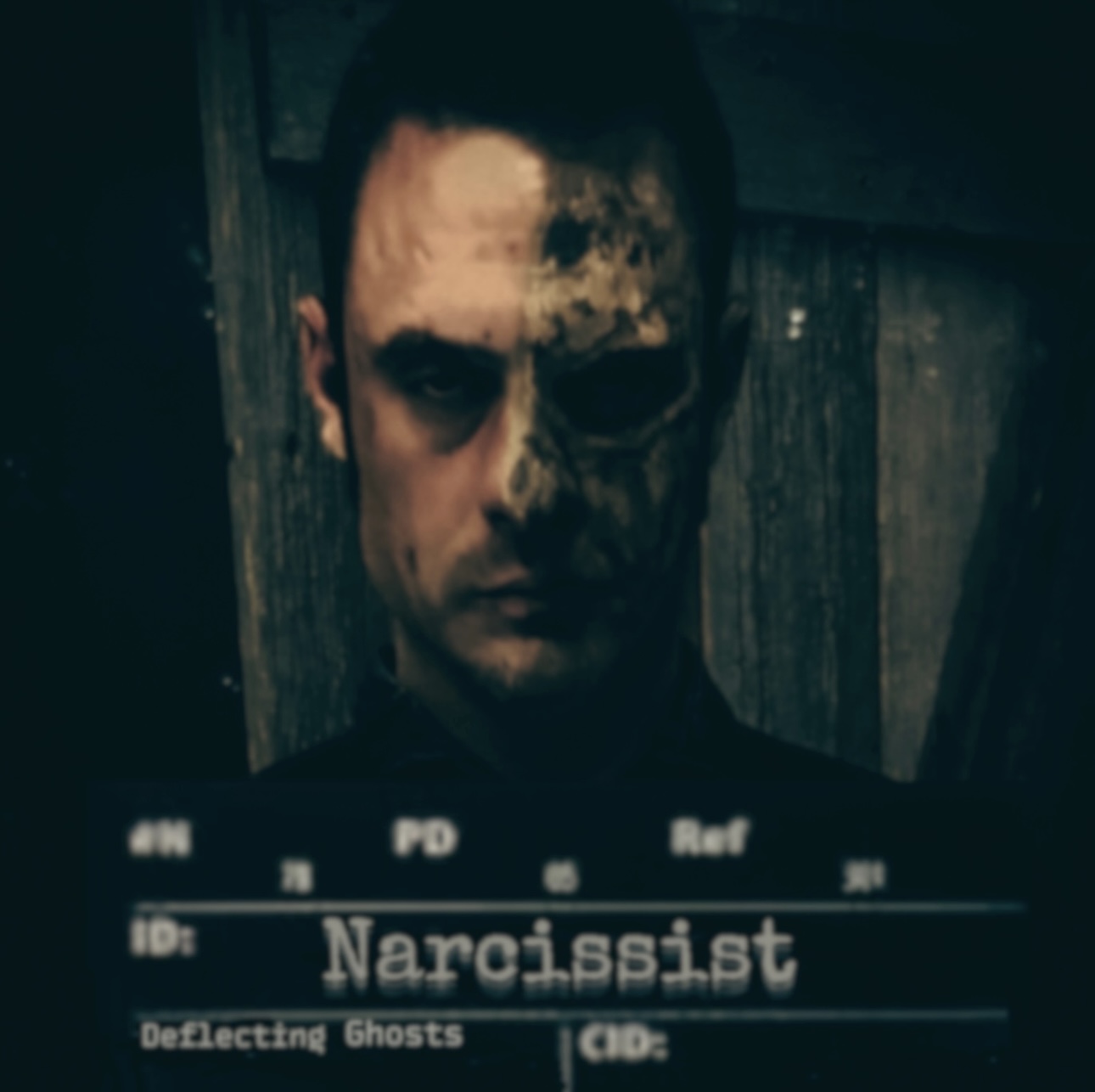 Narcissist single artwork by Deflecting Ghosts — a dark, split-face figure above a mugshot plate reading “Narcissist”