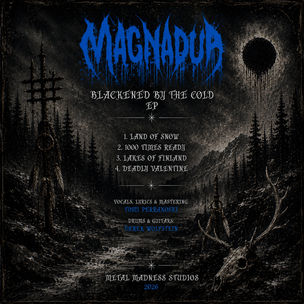Magnadur EP back cover listing the tracks Land of Snow, 1000 Times Ready, Lakes of Finland and Deadly Valentine