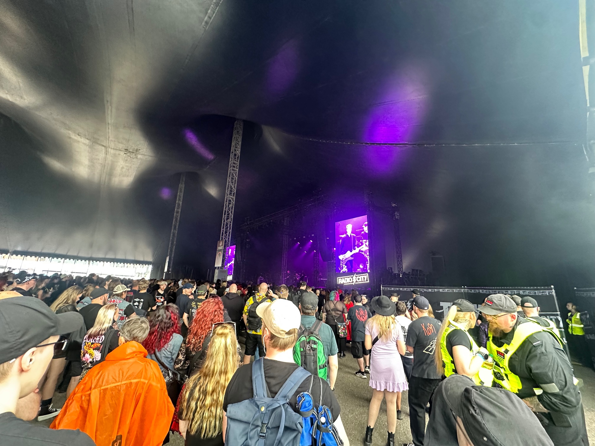 Sara performing under purple lights inside the Tuska tent stage on Day 3 of Tuska Festival 2026