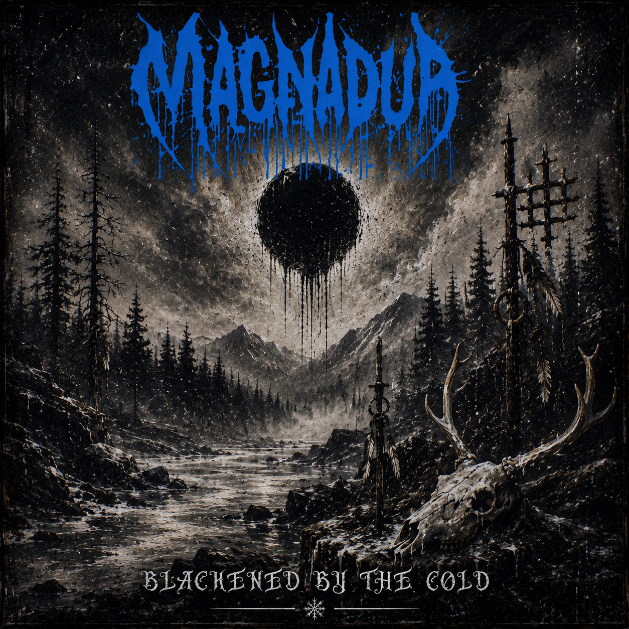 Magnadur EP cover artwork: a black dripping sun over a frozen forest valley with a deer skull and wooden crosses