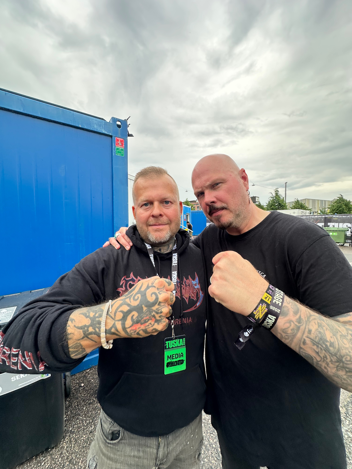 Tomi Perrakoski with Soilwork singer Björn Strid after the Tuska 2026 gig and interview