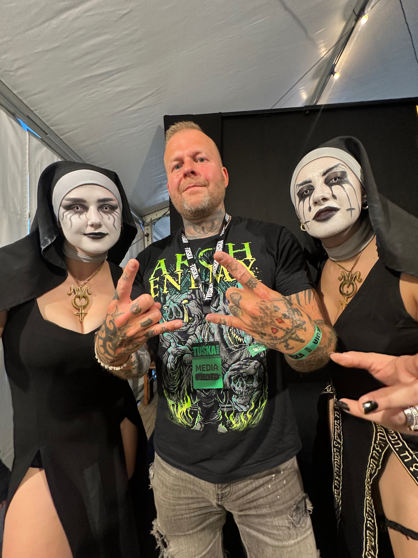 Tomi Perrakoski with members of Dogma backstage at Tuska Festival 2026 after an interview