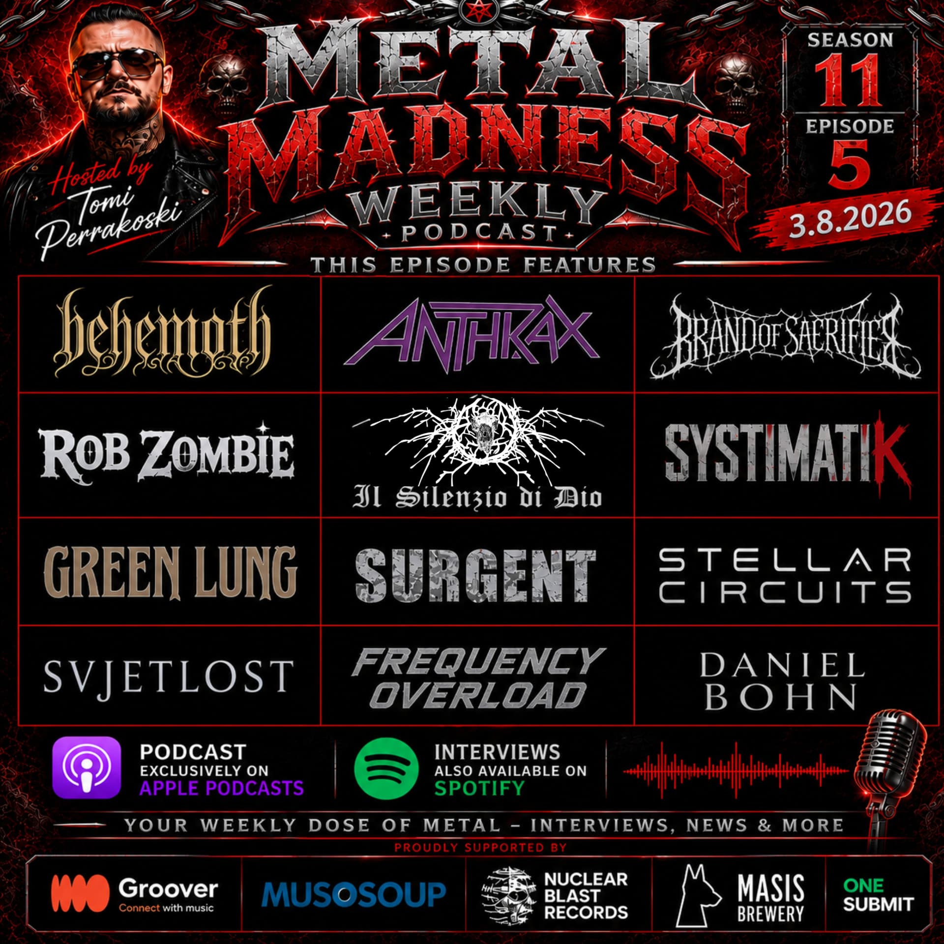 Metal Madness Weekly Season 11 Episode 5 poster hosted by Tomi Perrakoski, featuring Behemoth, Anthrax, Brand of Sacrifice, Rob Zombie, Il Silenzio di Dio, Systimatik, Green Lung, Surgent, Stellar Circuits, Svjetlost, Frequency Overload and Daniel Bohn