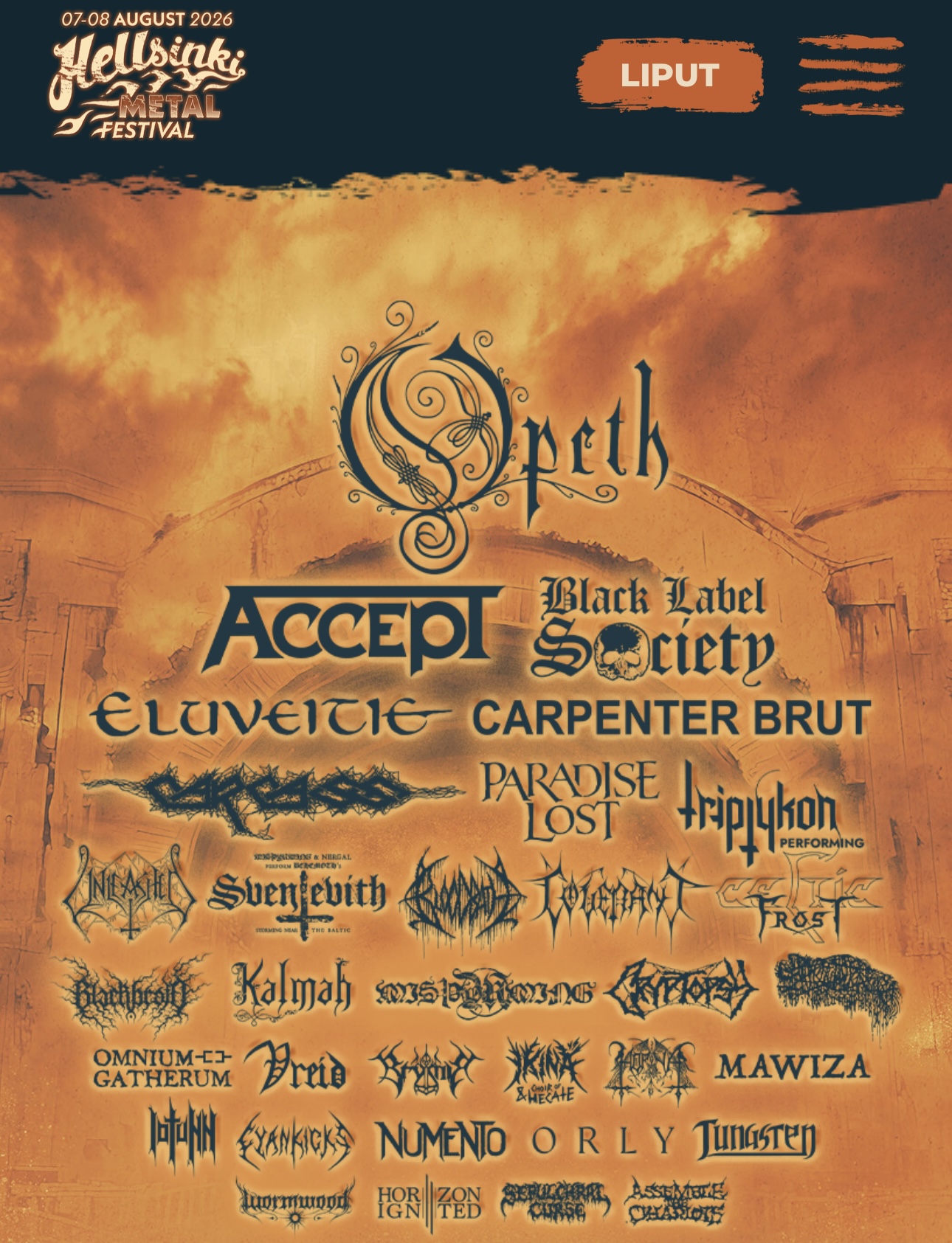 Hellsinki Metal Festival 2026 poster with the full line-up including Opeth, Accept and Black Label Society