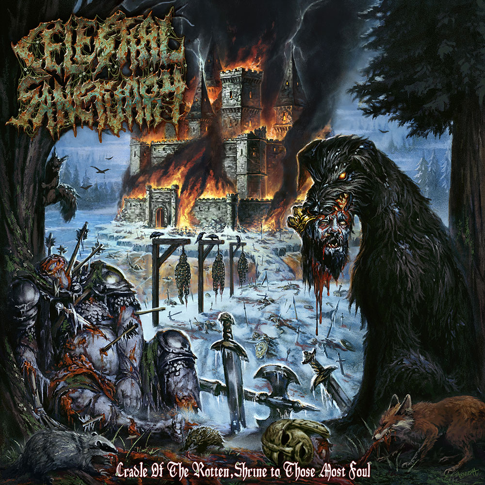 CELESTIAL SANCTUARY — Cradle Of The Rotten, Shrine To Those Most Foul album artwork: a burning castle above a frozen battlefield with gallows and a black beast