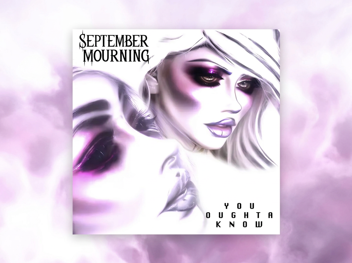 September Mourning — You Oughta Know single cover: ethereal purple-and-white portrait of a pale figure with dark, smoky eyes