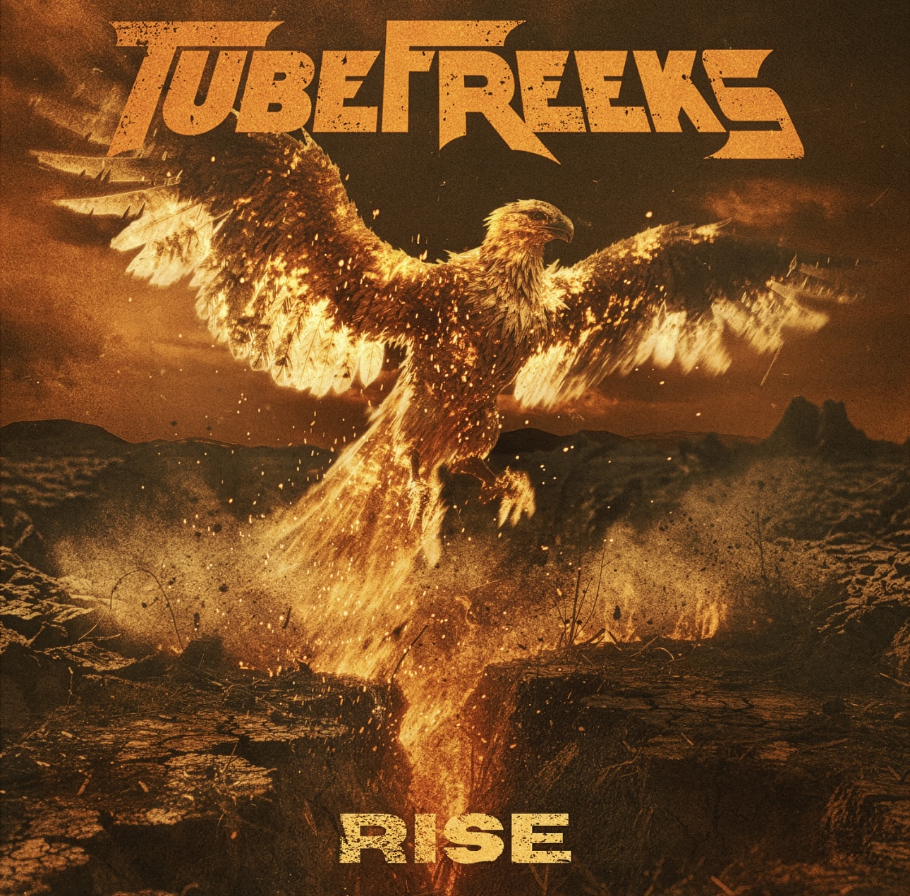 TubeFreeks Rise single artwork featuring a fiery bird rising over a dark landscape