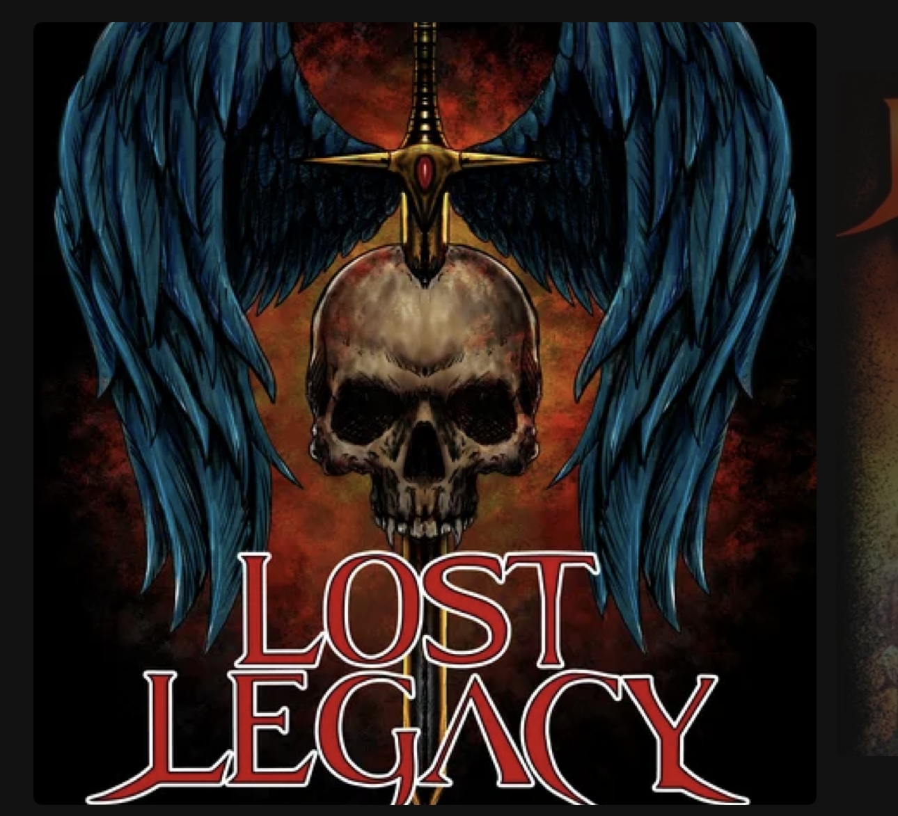 Lost Legacy band logo artwork: a winged skull impaled by a golden cross-hilted sword against a red eclipse