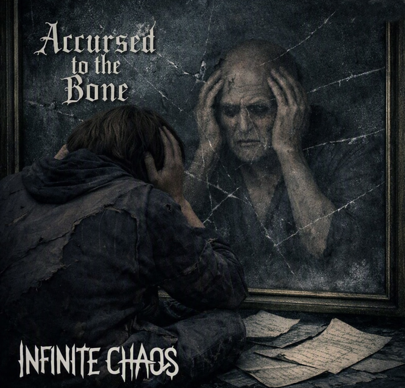 Cover art for Infinite Chaos' Accursed to the Bone, showing a figure facing a cracked mirror