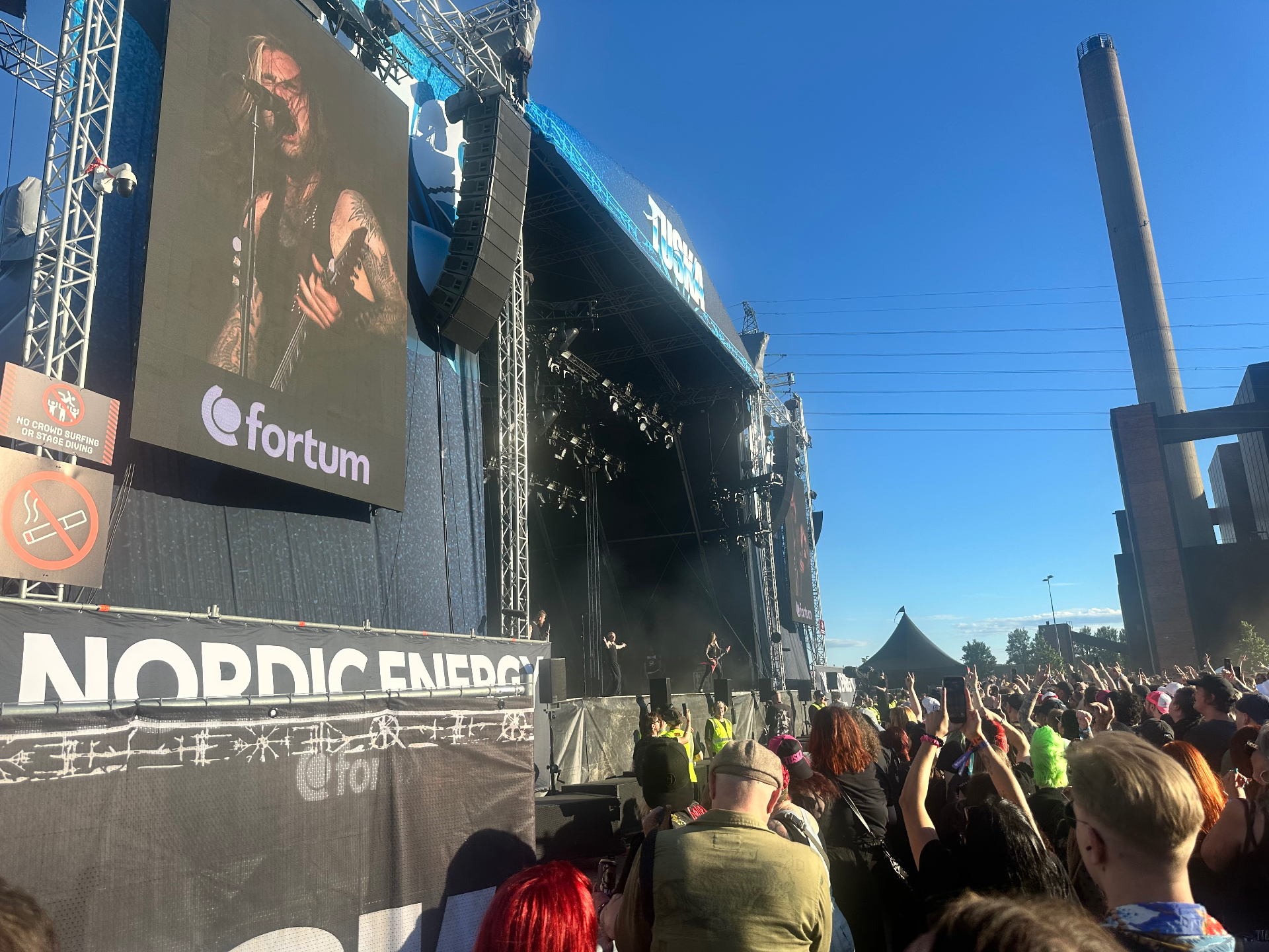 Paleface Swiss performing on the Tuska main stage 2026 with crowd and Nordic Energy barrier