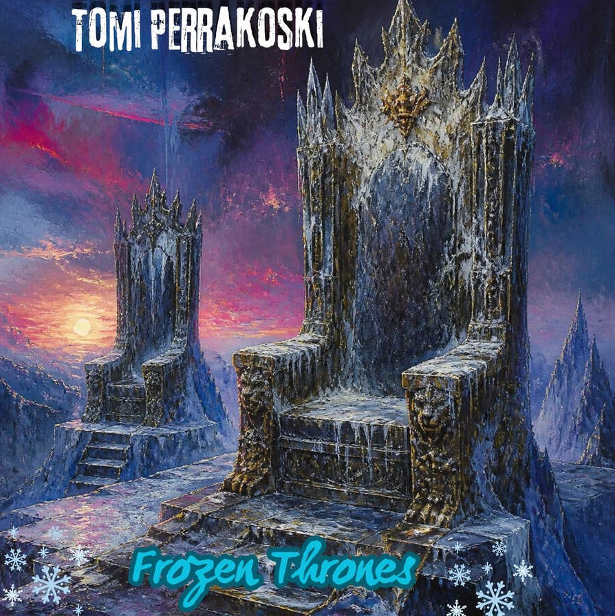 Tomi Perrakoski — “Frozen Thrones” single cover: two icy gothic thrones beneath a violet twilight sky