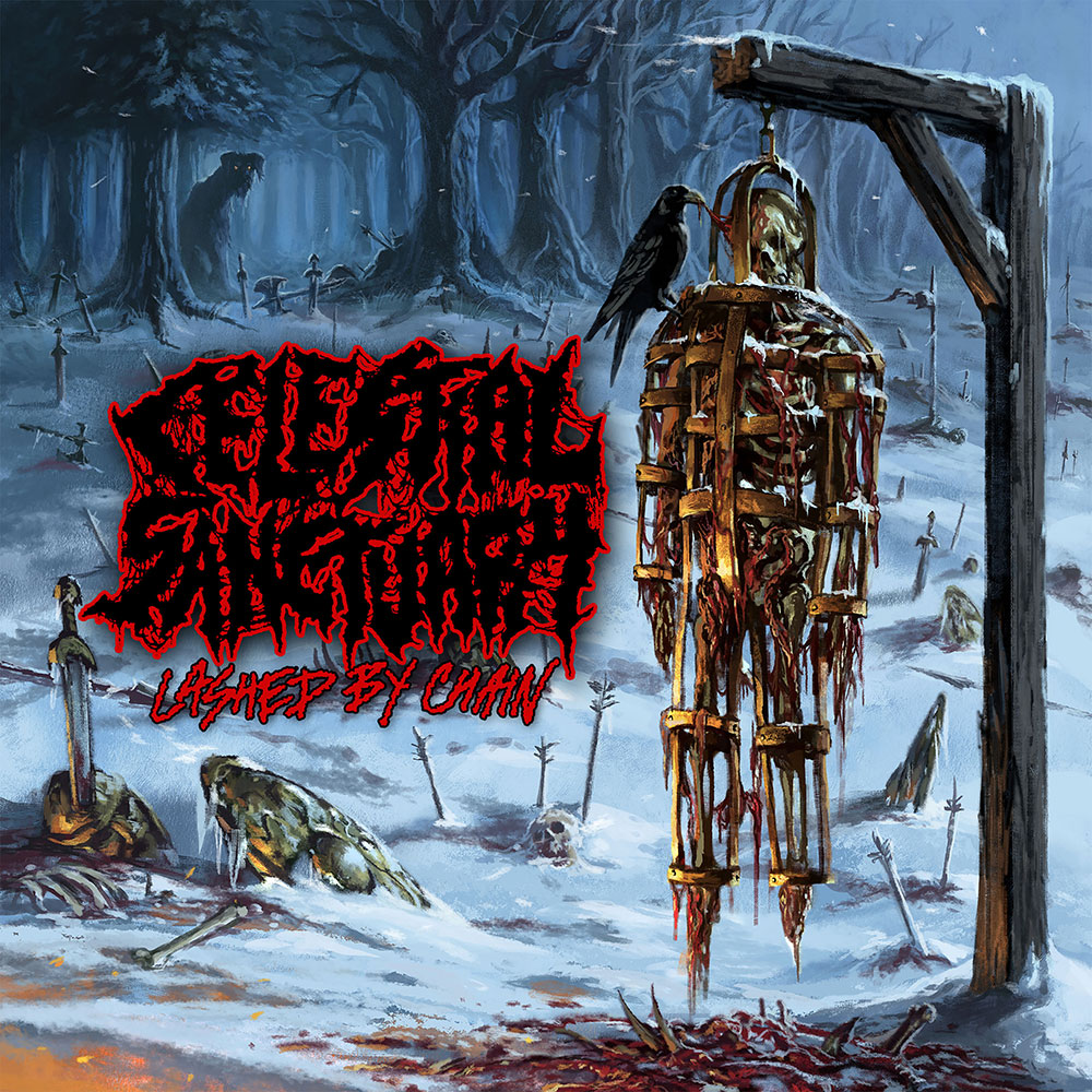 CELESTIAL SANCTUARY — “Lashed By Chain” single artwork: a caged corpse hanging from gallows in a snowy forest