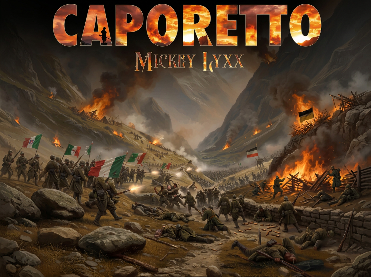 Mickey Lyxx — Caporetto single cover: WWI Italian alpine battle scene under a fiery sky