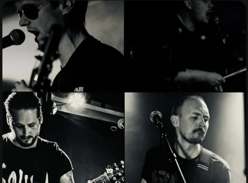 Jonestown band members Einar Svensson, Linus Larsén, Johan Hambring and Jacob Zetterberg performing live — black and white photo collage