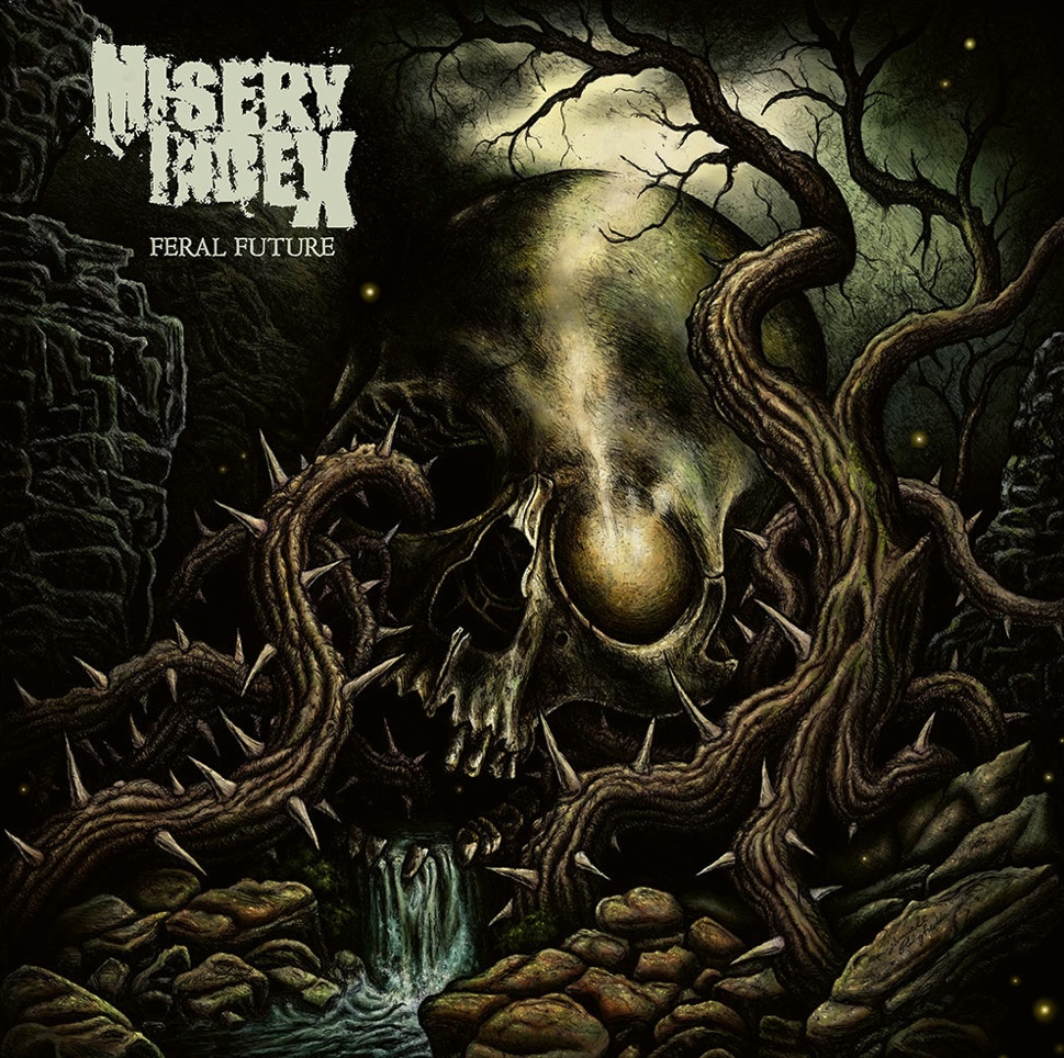 Misery Index — Feral Future cover art featuring a skull entangled in thorned vines beneath a dead tree