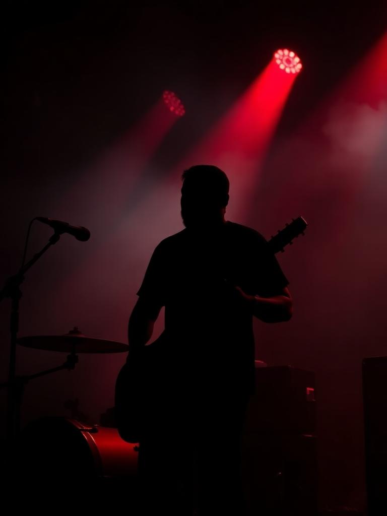 Drummer silhouette against red stage haze, evoking Tomi Perrakoski's live set